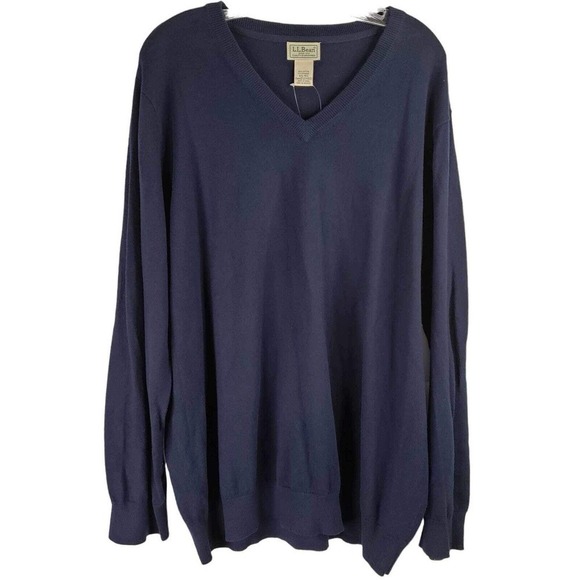 LL Bean Sweater Men’s Size XXL Navy Blue CashmereCotton Pullover V-Neck Knit New - Picture 2 of 9